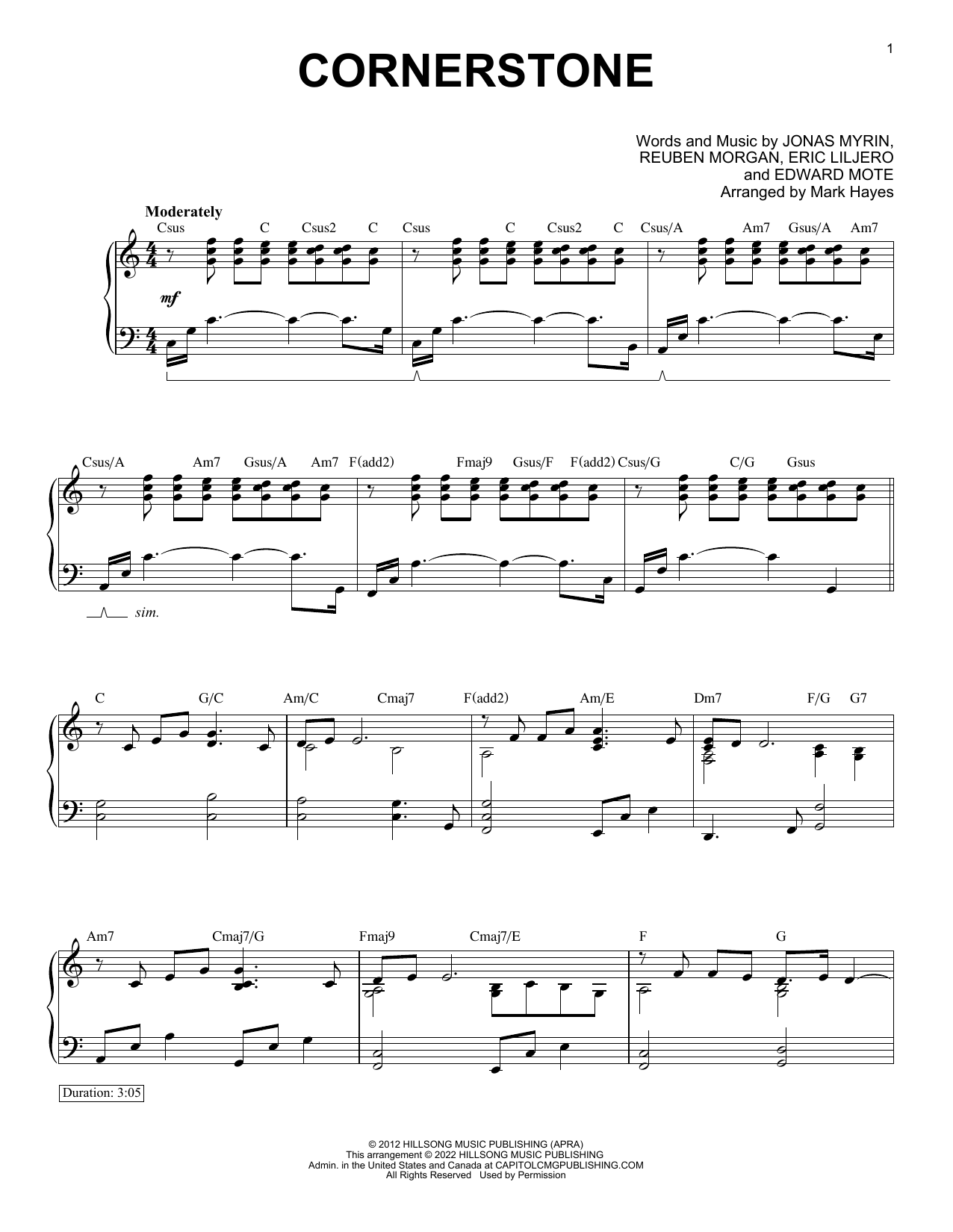Hillsong Live Cornerstone (arr. Mark Hayes) Sheet Music Notes & Chords for Piano Solo - Download or Print PDF
