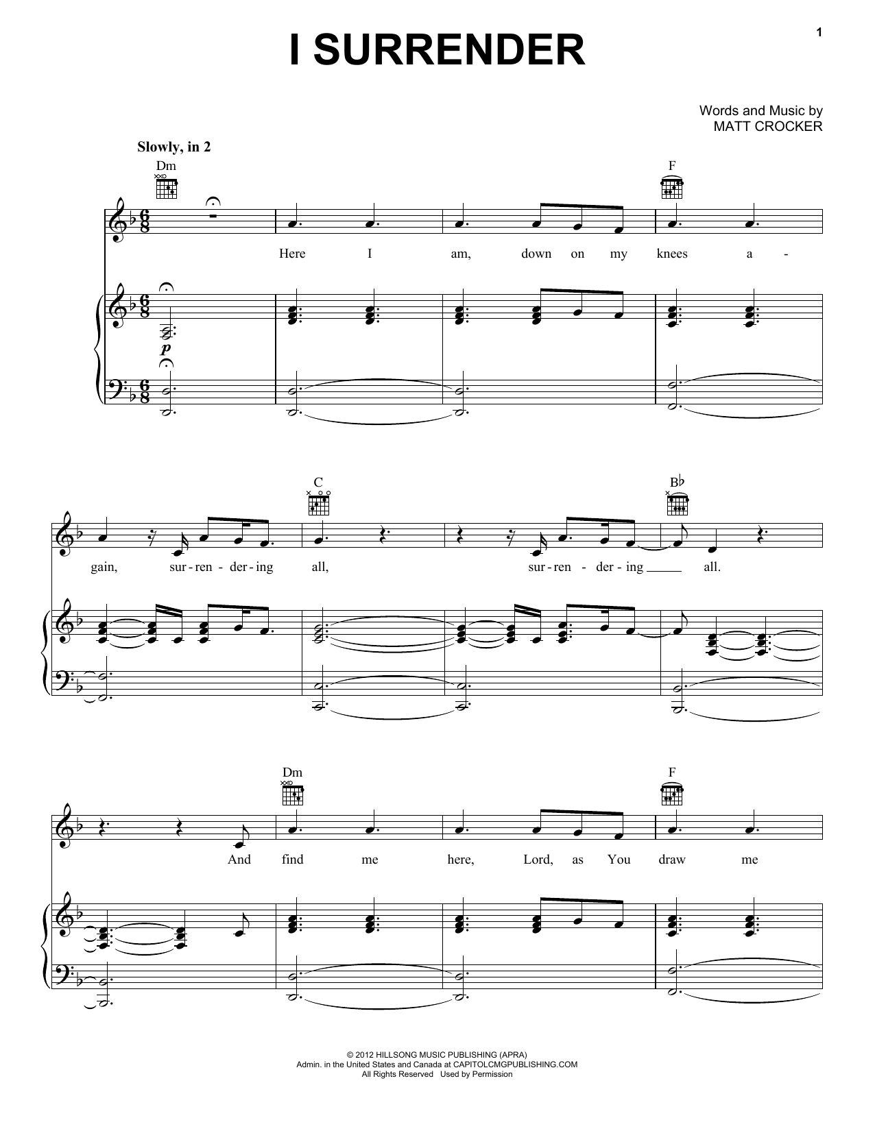 Hillsong Live I Surrender Sheet Music Notes & Chords for Piano, Vocal & Guitar (Right-Hand Melody) - Download or Print PDF