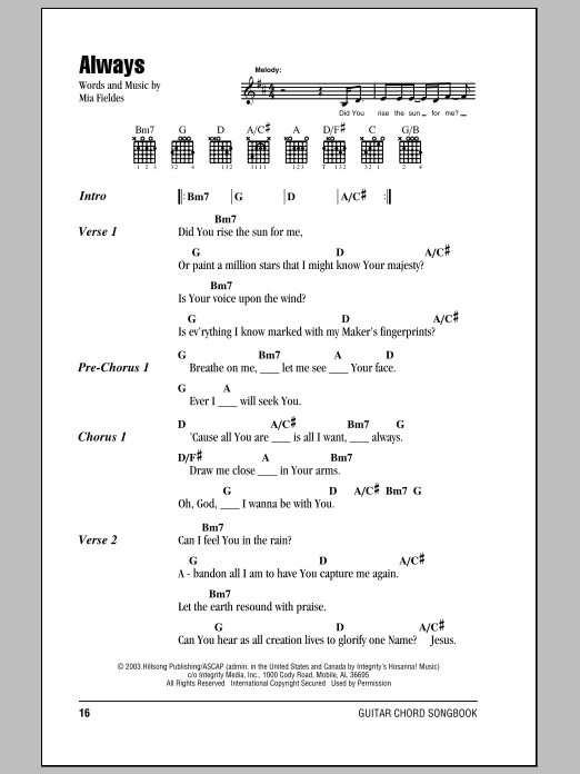 Hillsong United Always Sheet Music Notes & Chords for Lyrics & Chords - Download or Print PDF