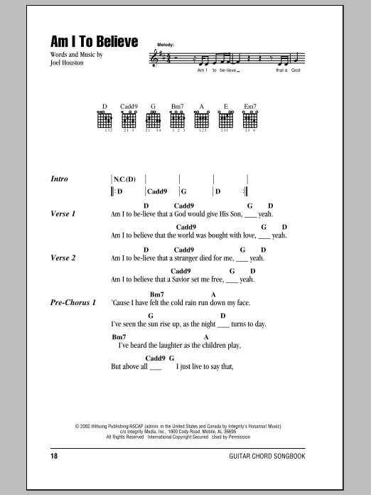 Hillsong United Am I To Believe Sheet Music Notes & Chords for Lyrics & Chords - Download or Print PDF