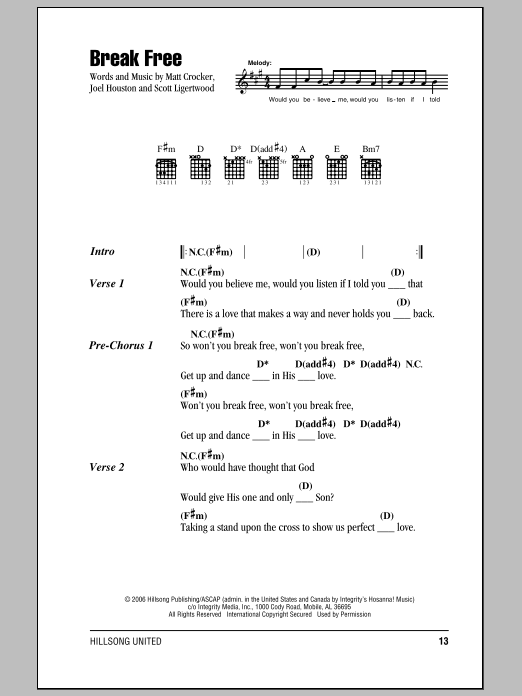 Hillsong United Break Free Sheet Music Notes & Chords for Lyrics & Chords - Download or Print PDF Hillsong United Break Free Sheet Music Notes & Chords for Lyrics & Chords - Download or Print PDF