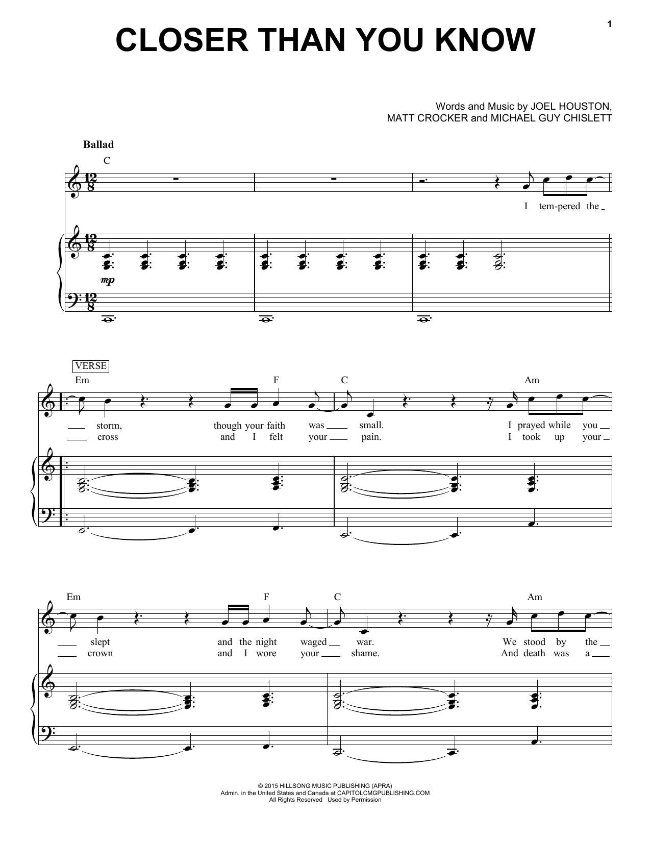 Hillsong United Closer Than You Know Sheet Music Notes & Chords for Piano & Vocal - Download or Print PDF