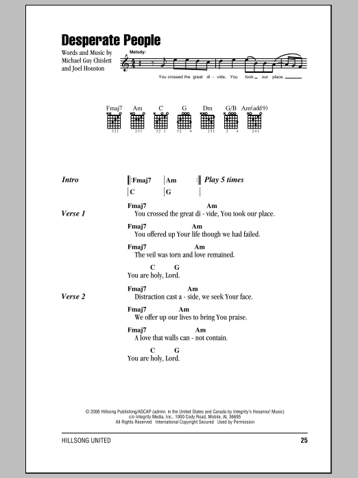 Hillsong United Desperate People Sheet Music Notes & Chords for Lyrics & Chords - Download or Print PDF