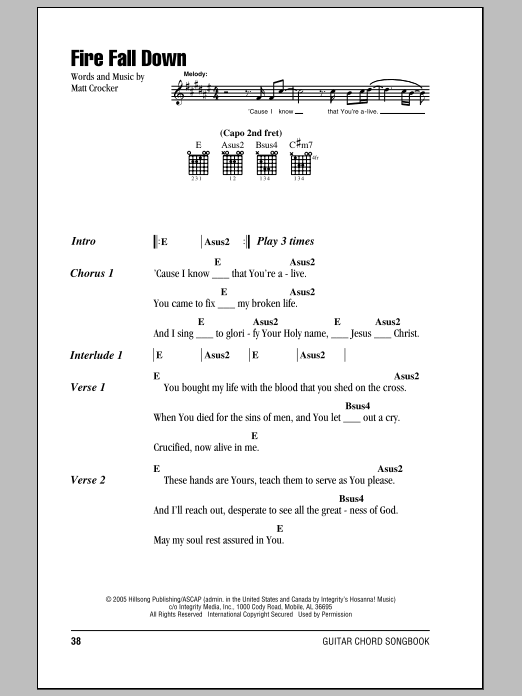 Hillsong United Fire Fall Down Sheet Music Notes & Chords for Easy Guitar Tab - Download or Print PDF