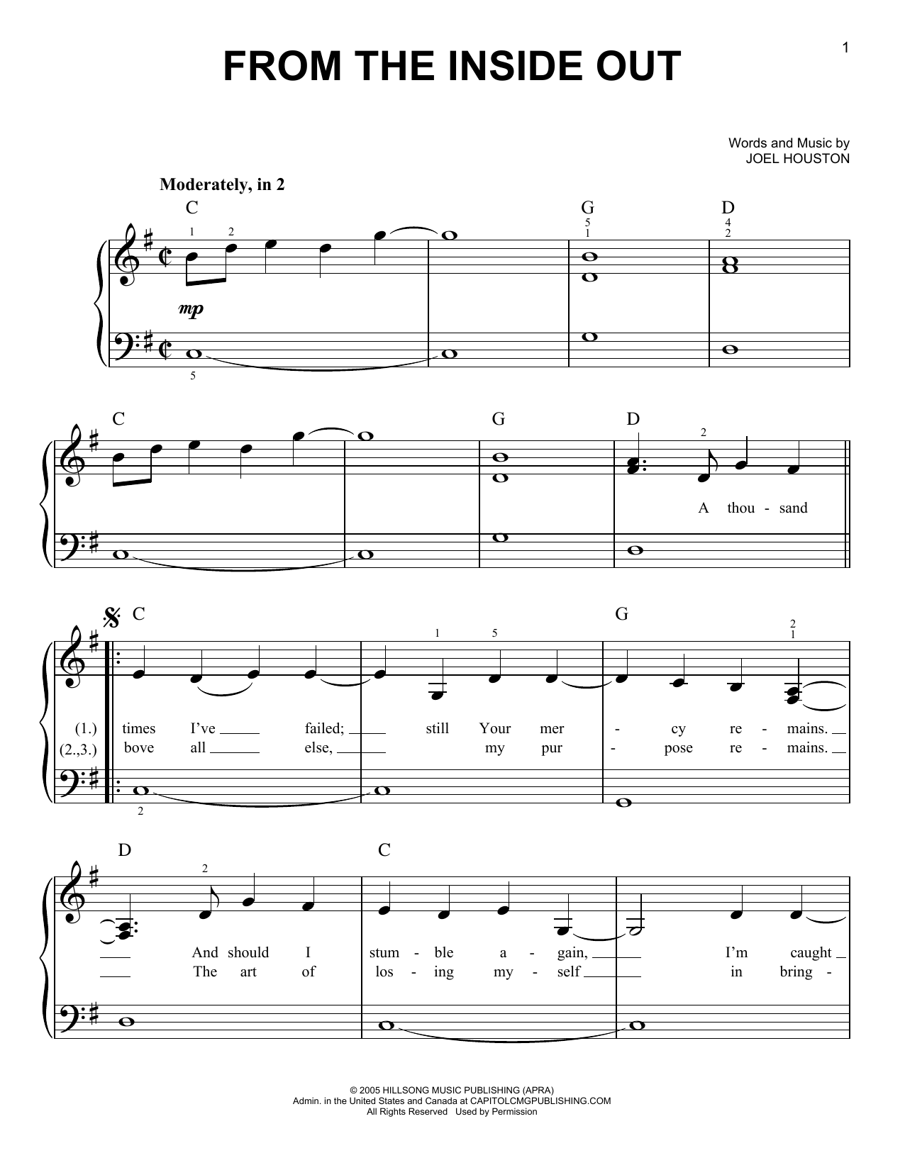 Hillsong United From The Inside Out Sheet Music Notes & Chords for Piano - Download or Print PDF