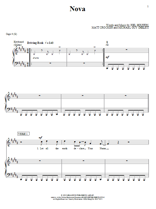 Hillsong United Nova Sheet Music Notes & Chords for Piano, Vocal & Guitar (Right-Hand Melody) - Download or Print PDF