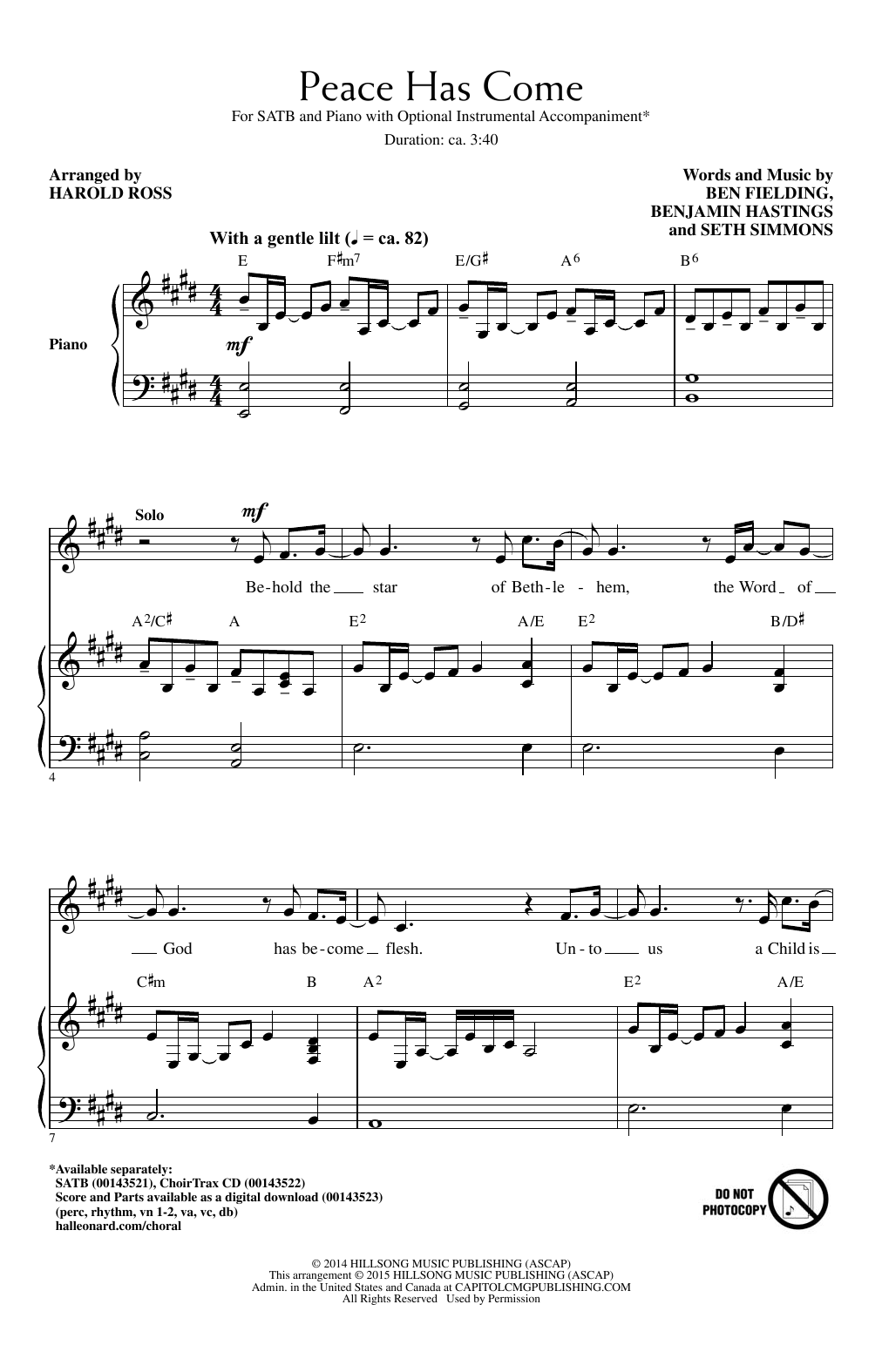 Hillsong United Peace Has Come (arr. Harold Ross) Sheet Music Notes & Chords for SATB - Download or Print PDF