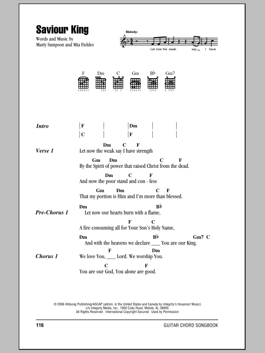 Hillsong United Saviour King Sheet Music Notes & Chords for Easy Guitar Tab - Download or Print PDF