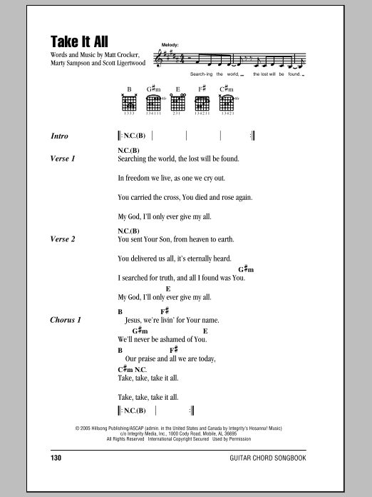 Hillsong United Take It All Sheet Music Notes & Chords for Easy Guitar Tab - Download or Print PDF