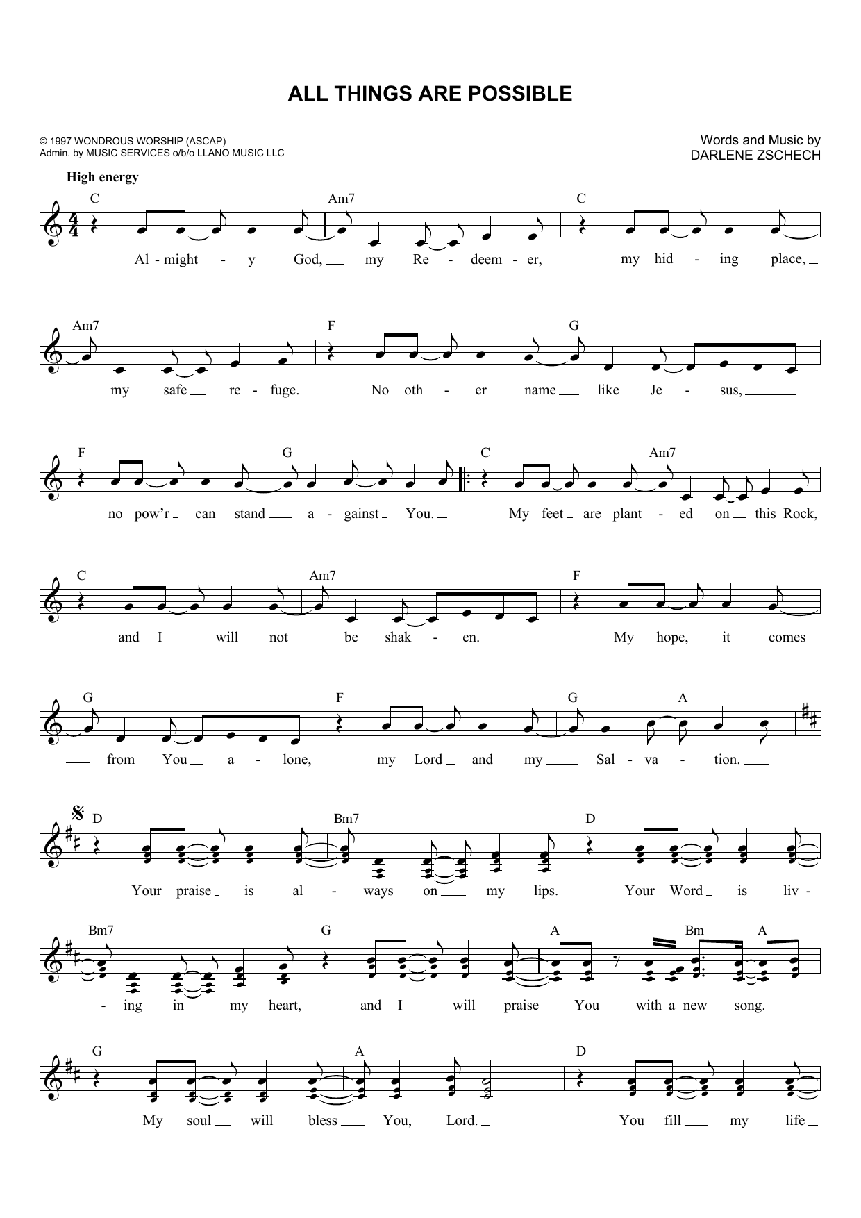 Darlene Zschech All Things Are Possible Sheet Music Notes & Chords for Piano, Vocal & Guitar (Right-Hand Melody) - Download or Print PDF