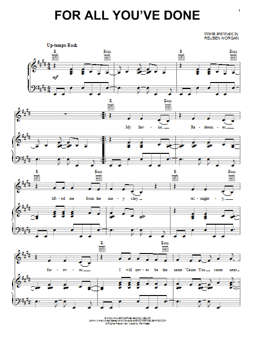 Reuben Morgan For All You've Done Sheet Music Notes & Chords for Piano, Vocal & Guitar (Right-Hand Melody) - Download or Print PDF