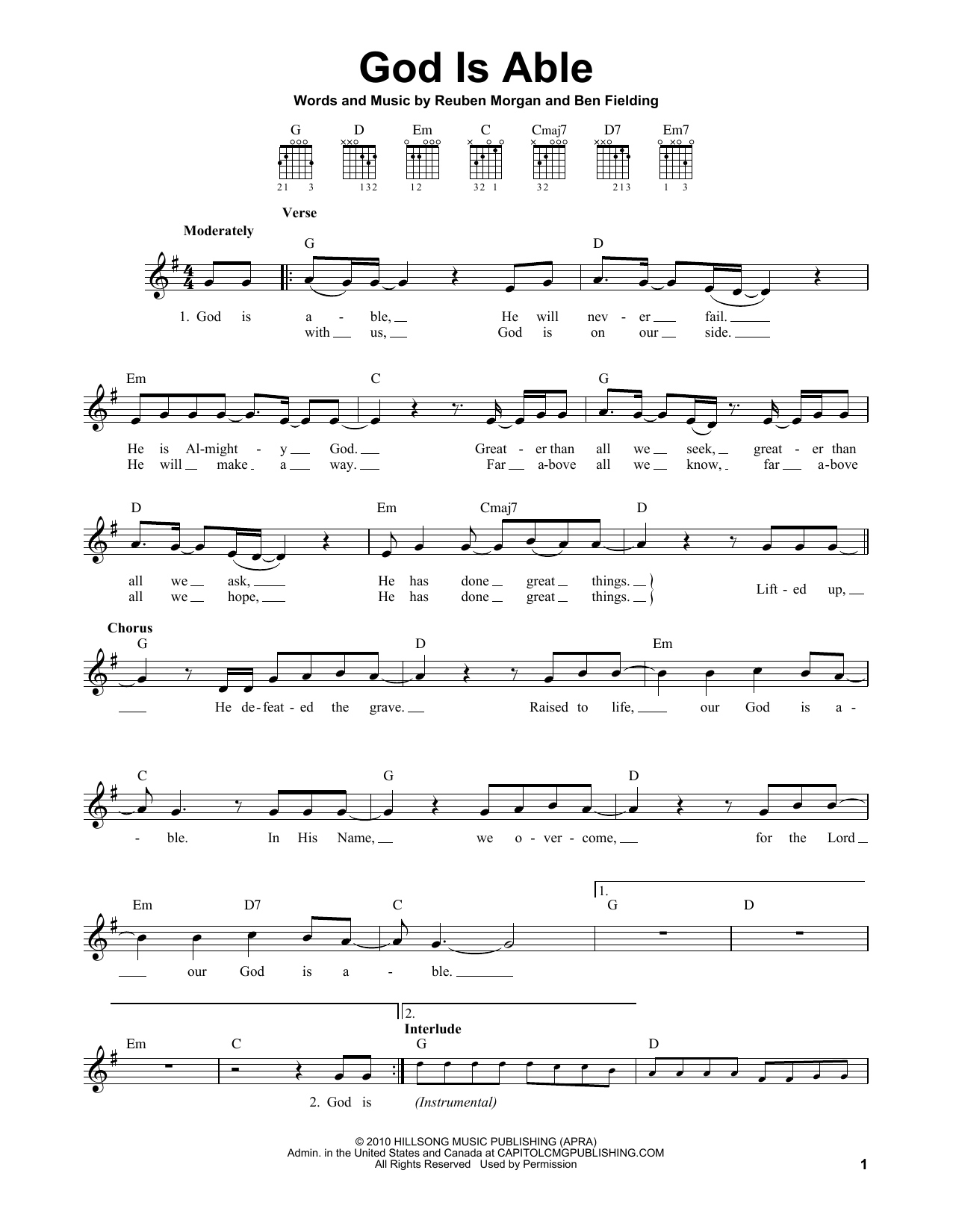 Hillsong Worship God Is Able Sheet Music Notes & Chords for Easy Guitar - Download or Print PDF