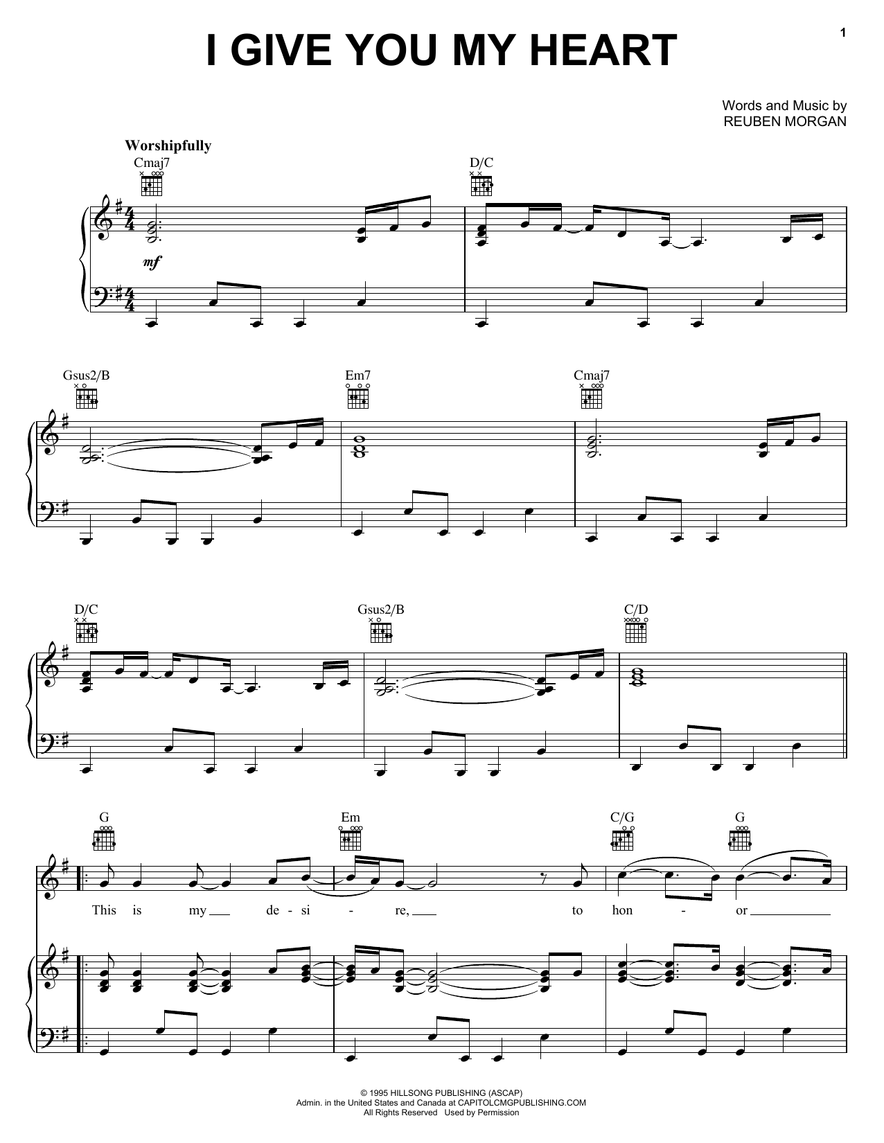 Reuben Morgan I Give You My Heart Sheet Music Notes & Chords for Big Note Piano - Download or Print PDF