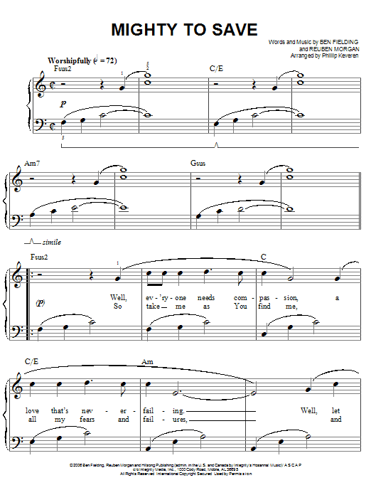 Reuben Morgan Mighty To Save Sheet Music Notes & Chords for Easy Piano - Download or Print PDF