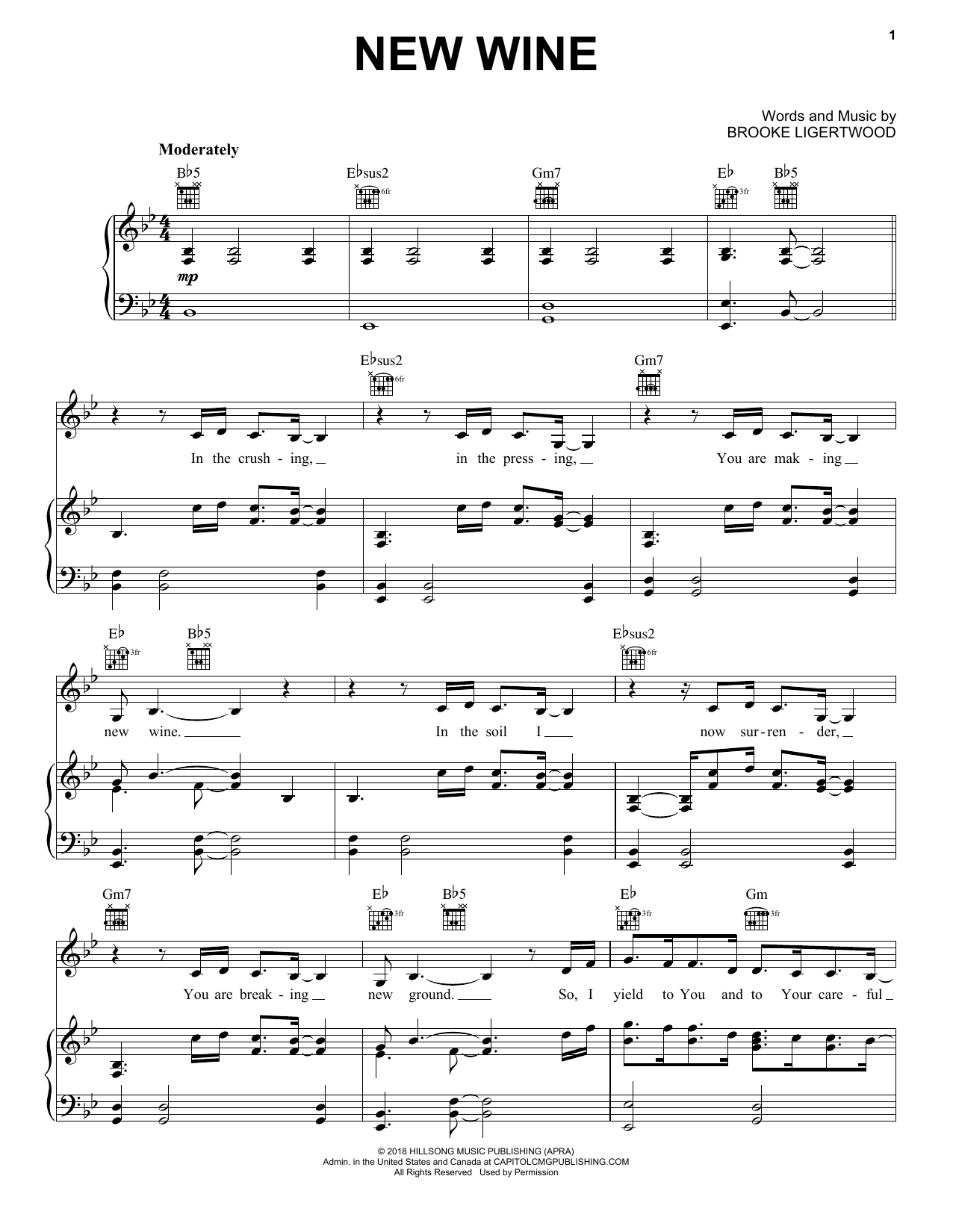 Hillsong Worship New Wine Sheet Music Notes & Chords for Piano, Vocal & Guitar (Right-Hand Melody) - Download or Print PDF