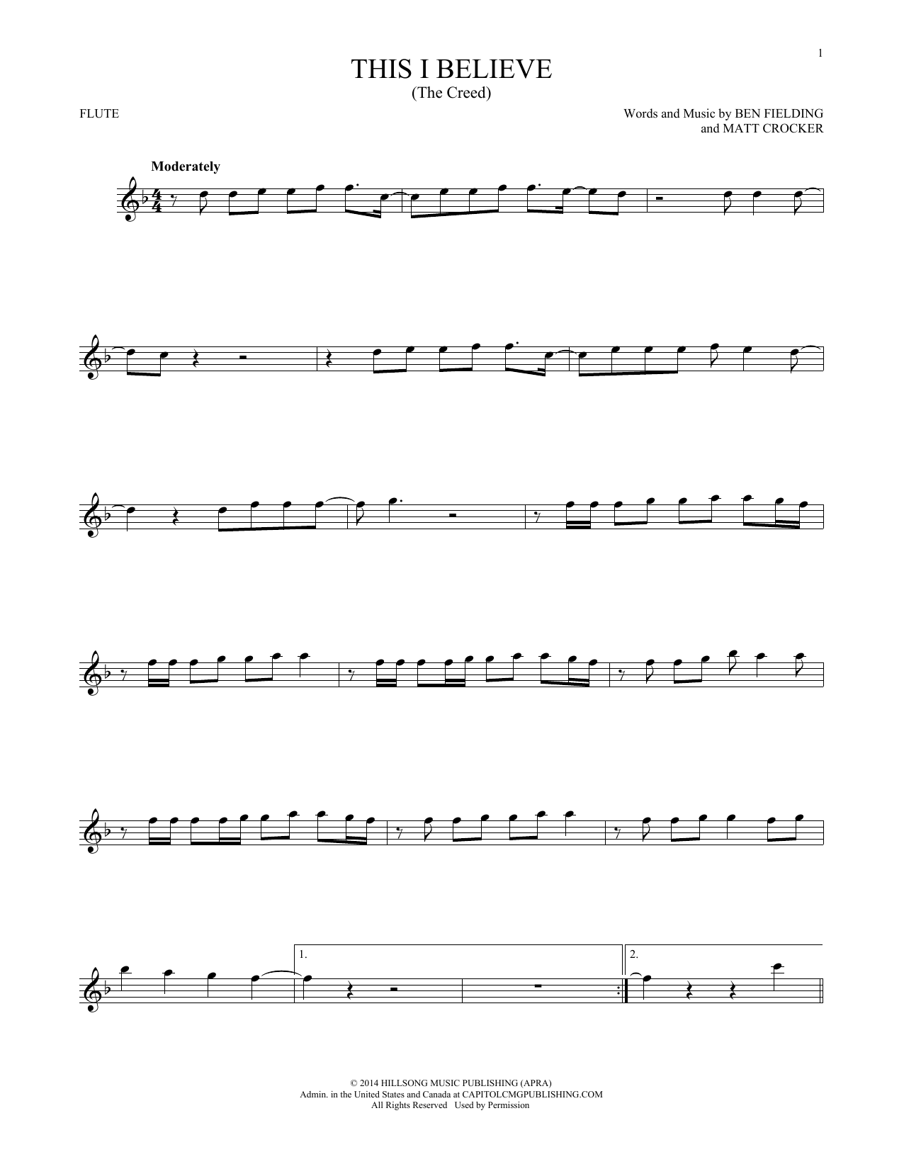 Hillsong Worship This I Believe (The Creed) Sheet Music Notes & Chords for Flute Solo - Download or Print PDF