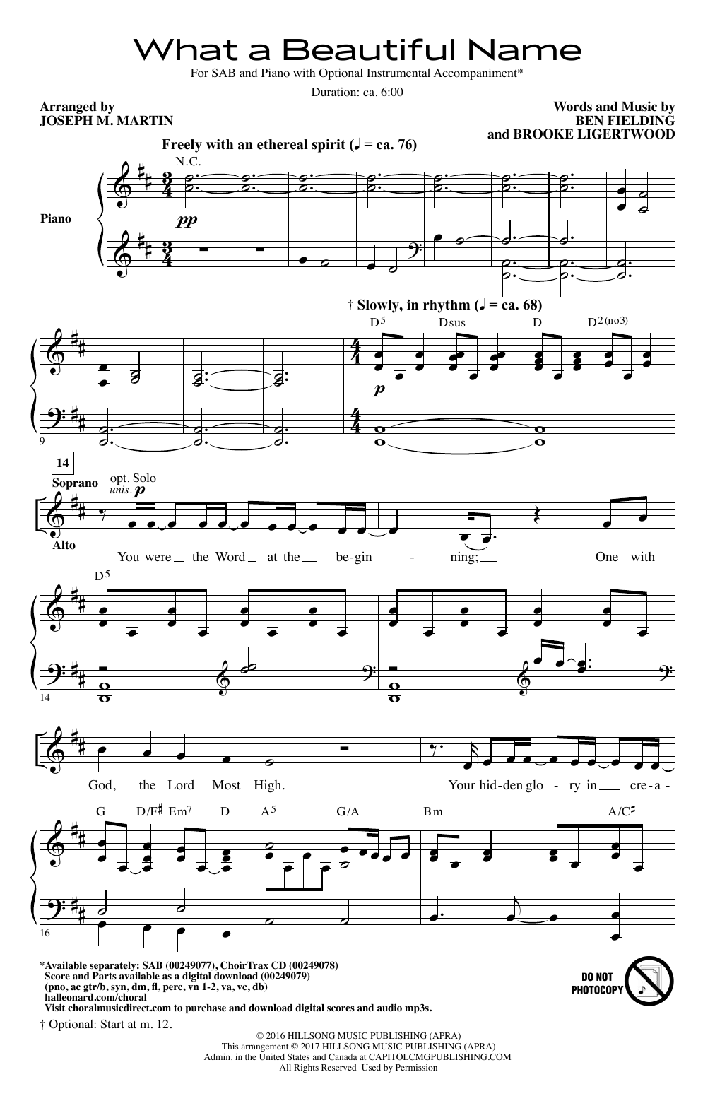 Hillsong Worship What A Beautiful Name (arr. Joseph M. Martin) Sheet Music Notes & Chords for SAB - Download or Print PDF
