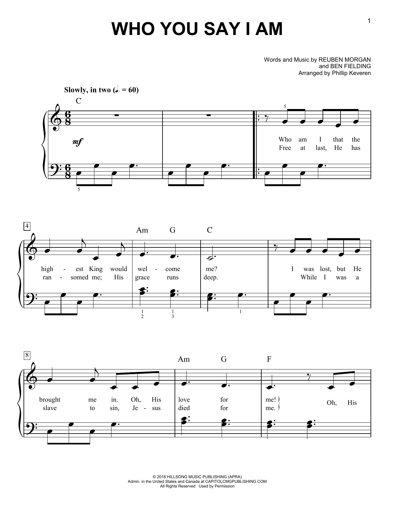 Hillsong Worship Who You Say I Am (arr. Phillip Keveren) Sheet Music Notes & Chords for Easy Piano - Download or Print PDF