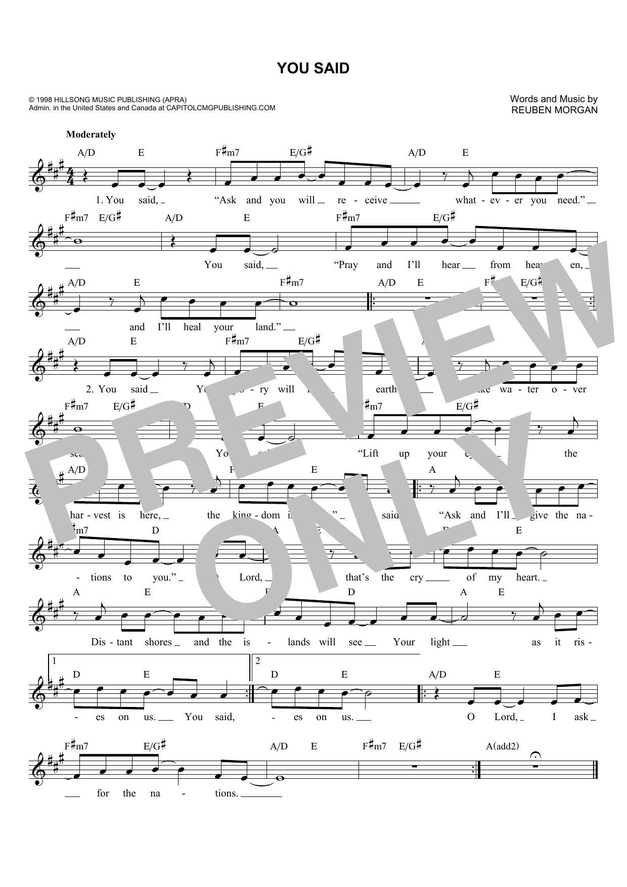 Reuben Morgan You Said Sheet Music Notes & Chords for Melody Line, Lyrics & Chords - Download or Print PDF