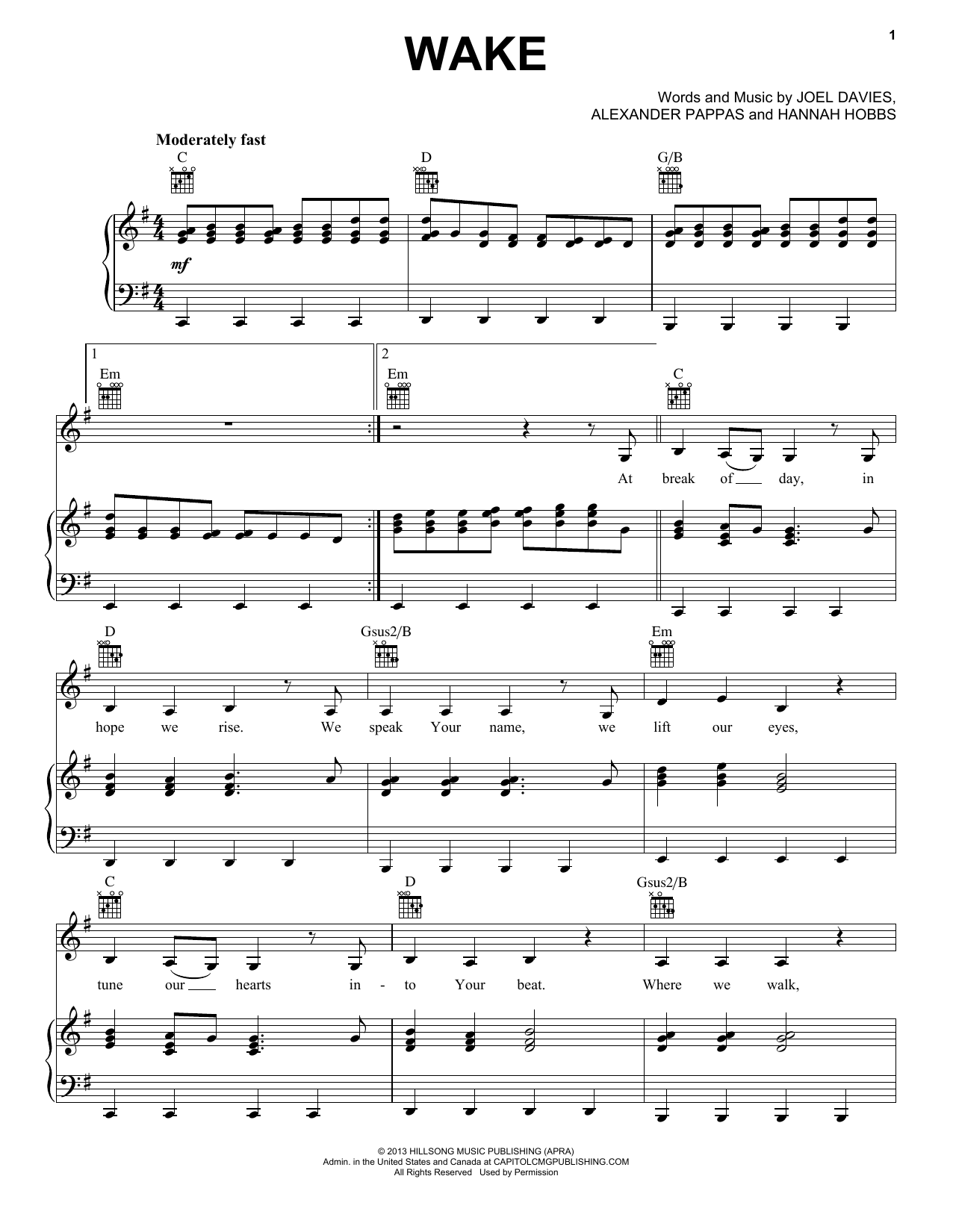Hillsong Young & Free Wake Sheet Music Notes & Chords for Piano, Vocal & Guitar (Right-Hand Melody) - Download or Print PDF