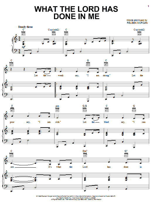 Preview Reuben Morgan What The Lord Has Done In Me Religious sheet music, notes and chords for Melody Line, Lyrics & Chords, SKU: 178913 What The Lord Has Done In Me sheet music