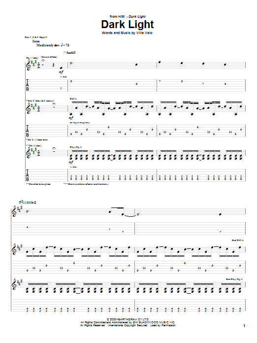 H.I.M. Dark Light Sheet Music Notes & Chords for Guitar Tab - Download or Print PDF