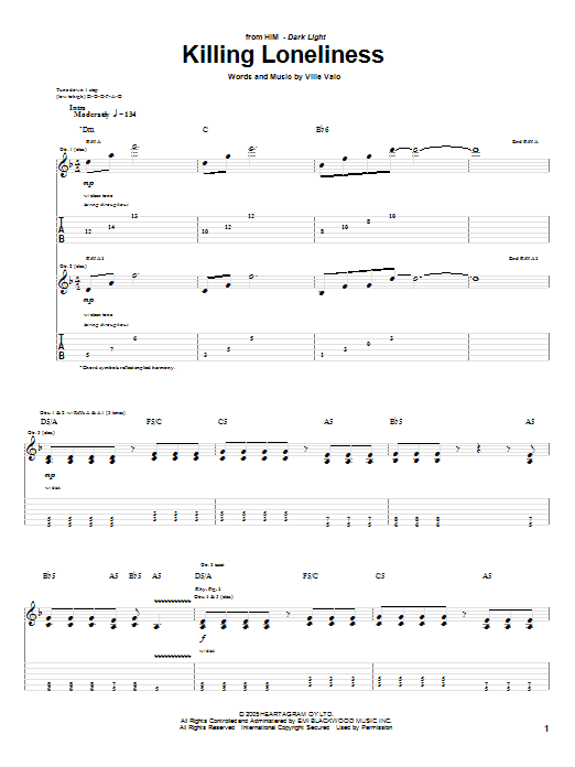 H.I.M. Killing Loneliness Sheet Music Notes & Chords for Guitar Tab - Download or Print PDF