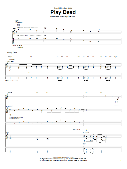 H.I.M. Play Dead Sheet Music Notes & Chords for Guitar Tab - Download or Print PDF