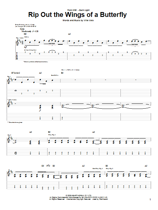 H.I.M. Rip Out The Wings Of A Butterfly Sheet Music Notes & Chords for Guitar Tab - Download or Print PDF