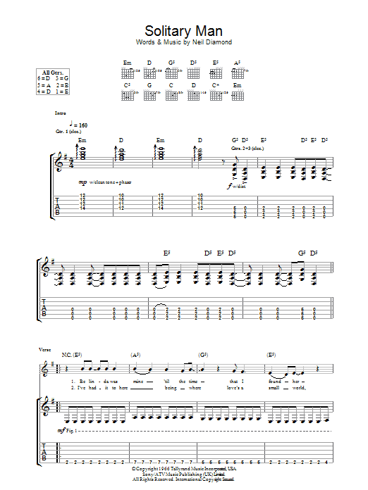 HIM Solitary Man Sheet Music Notes & Chords for Guitar Tab - Download or Print PDF