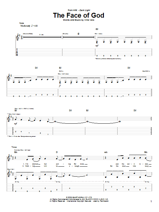 H.I.M. The Face Of God Sheet Music Notes & Chords for Guitar Tab - Download or Print PDF