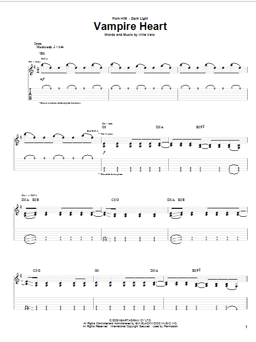 H.I.M. Vampire Heart Sheet Music Notes & Chords for Guitar Tab - Download or Print PDF