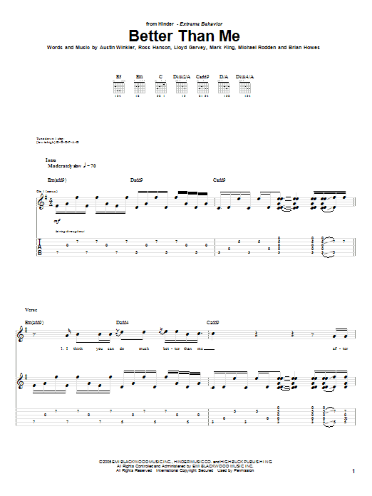 Hinder Better Than Me Sheet Music Notes & Chords for Piano, Vocal & Guitar (Right-Hand Melody) - Download or Print PDF