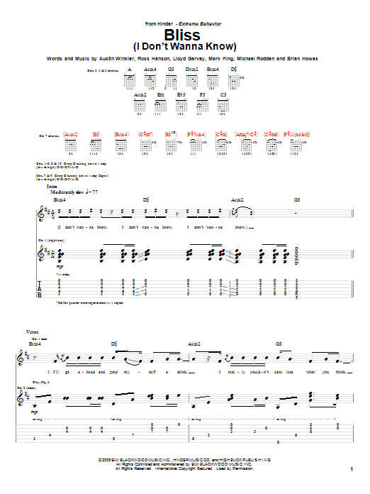 Hinder Bliss (I Don't Wanna Know) Sheet Music Notes & Chords for Guitar Tab - Download or Print PDF