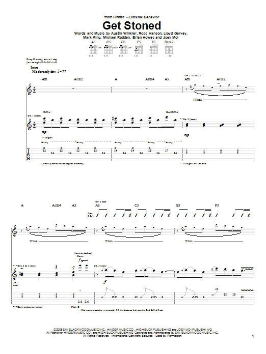 Hinder Get Stoned Sheet Music Notes & Chords for Guitar Tab - Download or Print PDF