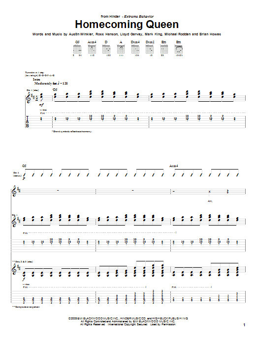 Hinder Homecoming Queen Sheet Music Notes & Chords for Guitar Tab - Download or Print PDF