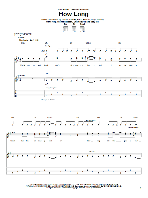 Hinder How Long Sheet Music Notes & Chords for Guitar Tab - Download or Print PDF