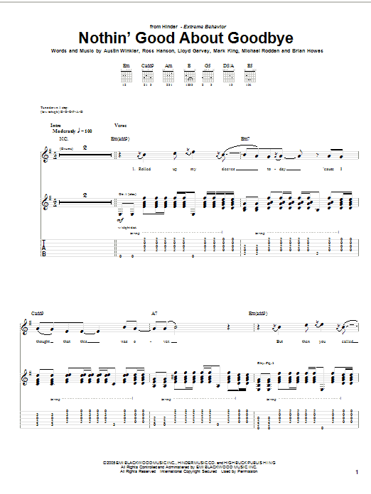 Hinder Nothin' Good About Goodbye Sheet Music Notes & Chords for Guitar Tab - Download or Print PDF