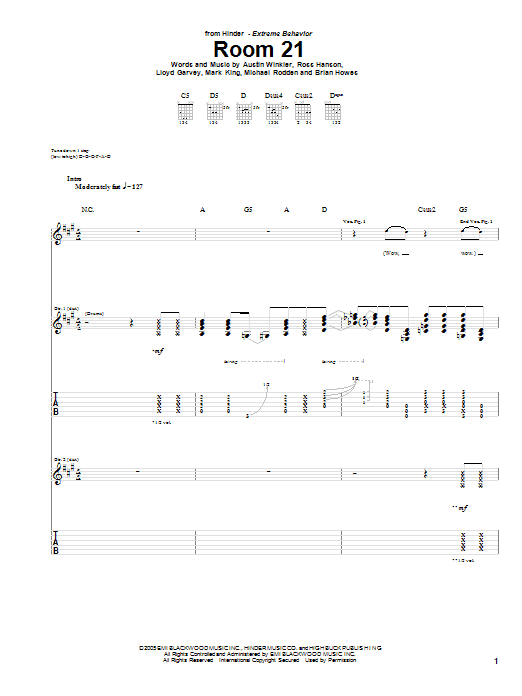 Hinder Room 21 Sheet Music Notes & Chords for Guitar Tab - Download or Print PDF