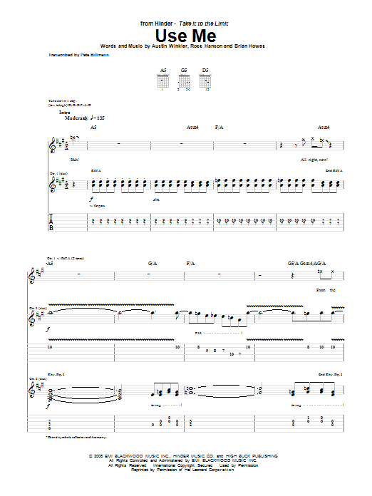 Hinder Use Me Sheet Music Notes & Chords for Guitar Tab - Download or Print PDF