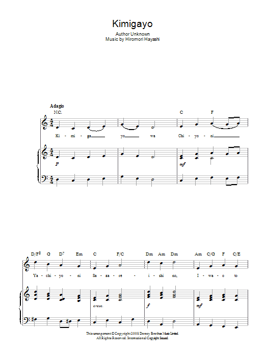Hiromori Hayashi Kimigayo (Japanese National Anthem) Sheet Music Notes & Chords for Piano, Vocal & Guitar (Right-Hand Melody) - Download or Print PDF