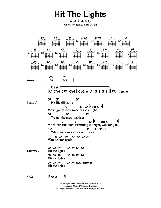 Preview Metallica Hit The Lights Pop sheet music, notes and chords for Bass Guitar Tab, SKU: 170691 sheet music, piano notes, chords, guitar tabs, score, transpose, transcribe, how to play, guide, download, learn, tutorial, progression, song, artist, awards, billboard, mtv, vh1, tour, single, album, release