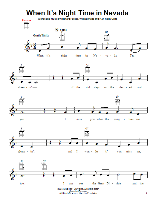 H.O. Reilly Clint When It's Night Time In Nevada Sheet Music Notes & Chords for Ukulele - Download or Print PDF