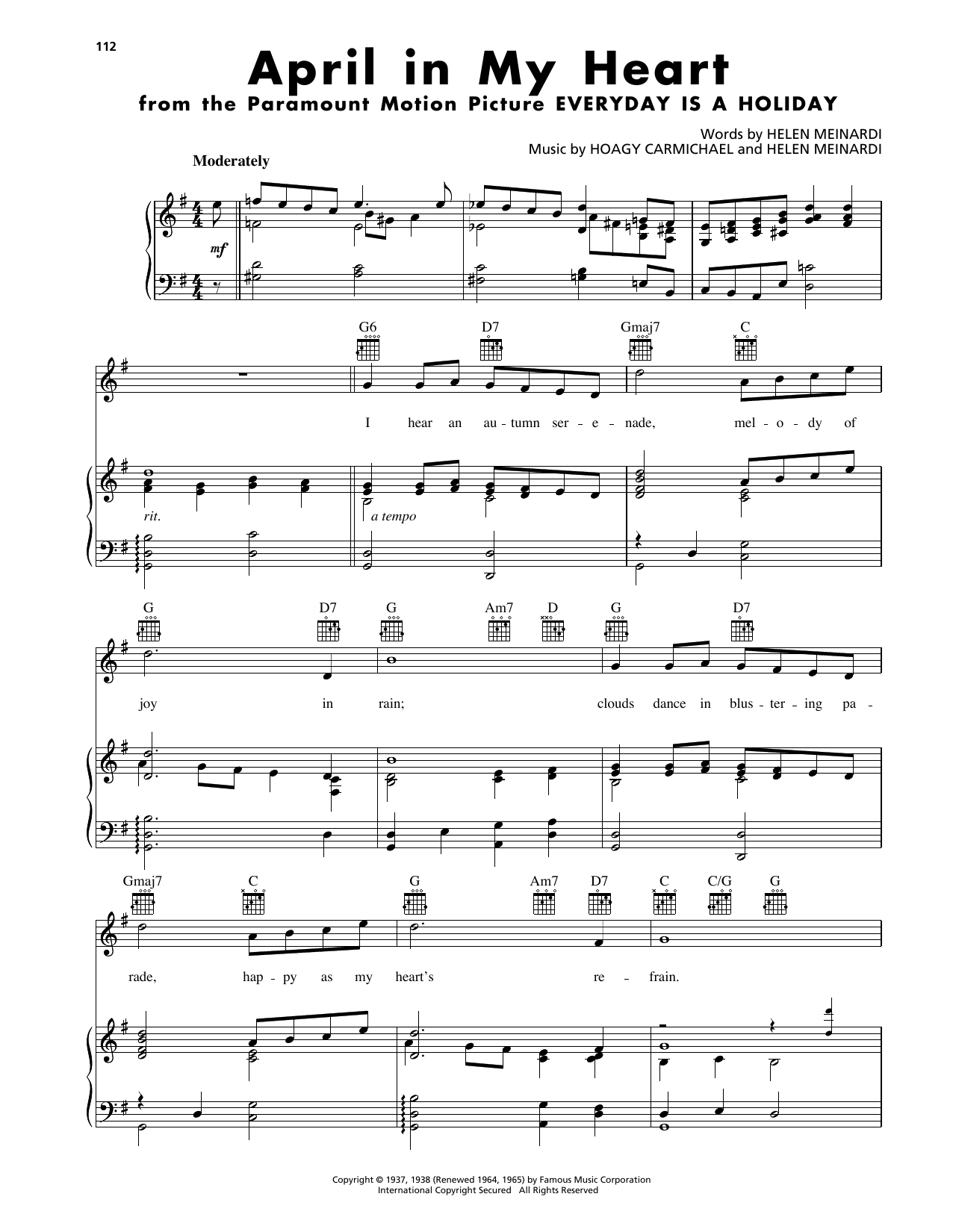 Hoagy Carmichael April In My Heart Sheet Music Notes & Chords for Piano, Vocal & Guitar Chords (Right-Hand Melody) - Download or Print PDF