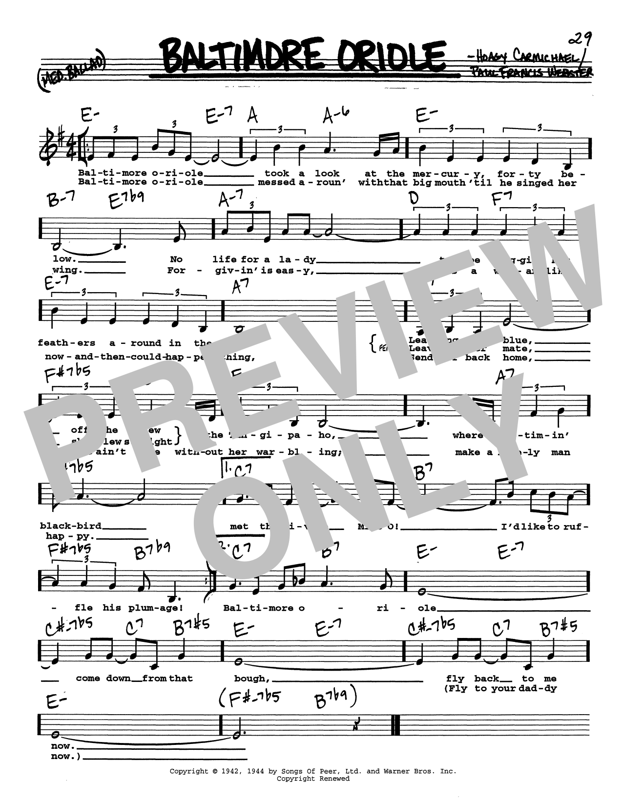 Hoagy Carmichael Baltimore Oriole (Low Voice) Sheet Music Notes & Chords for Real Book – Melody, Lyrics & Chords - Download or Print PDF