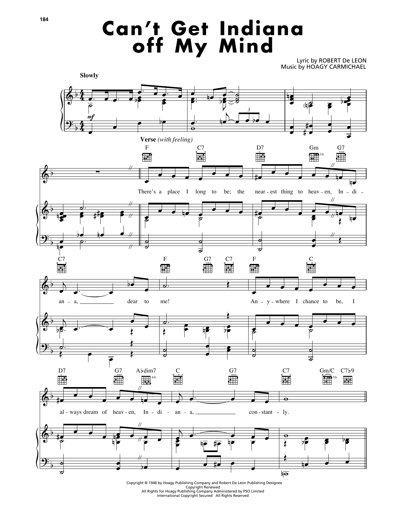 Hoagy Carmichael Can't Get Indiana Off My Mind Sheet Music Notes & Chords for Piano, Vocal & Guitar Chords (Right-Hand Melody) - Download or Print PDF