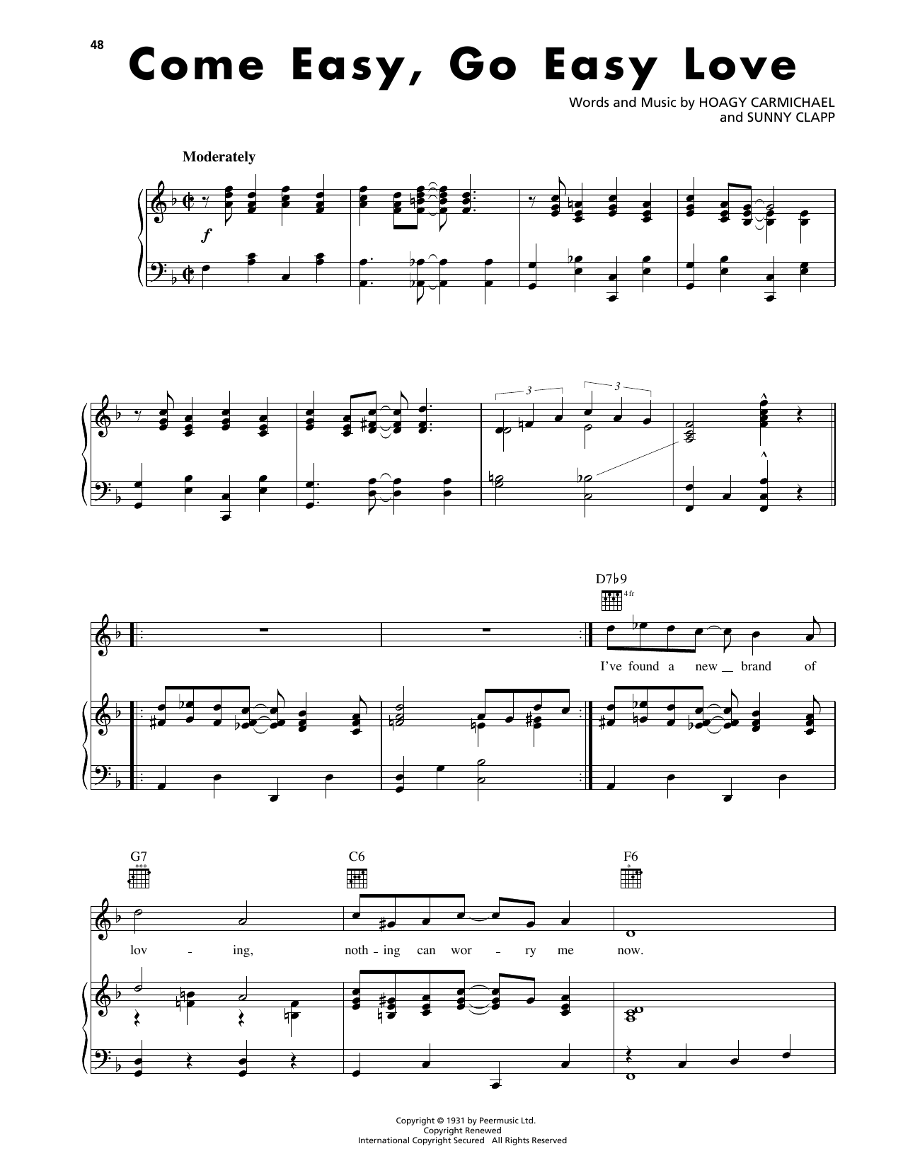 Hoagy Carmichael Come Easy, Go Easy Love Sheet Music Notes & Chords for Piano, Vocal & Guitar Chords (Right-Hand Melody) - Download or Print PDF