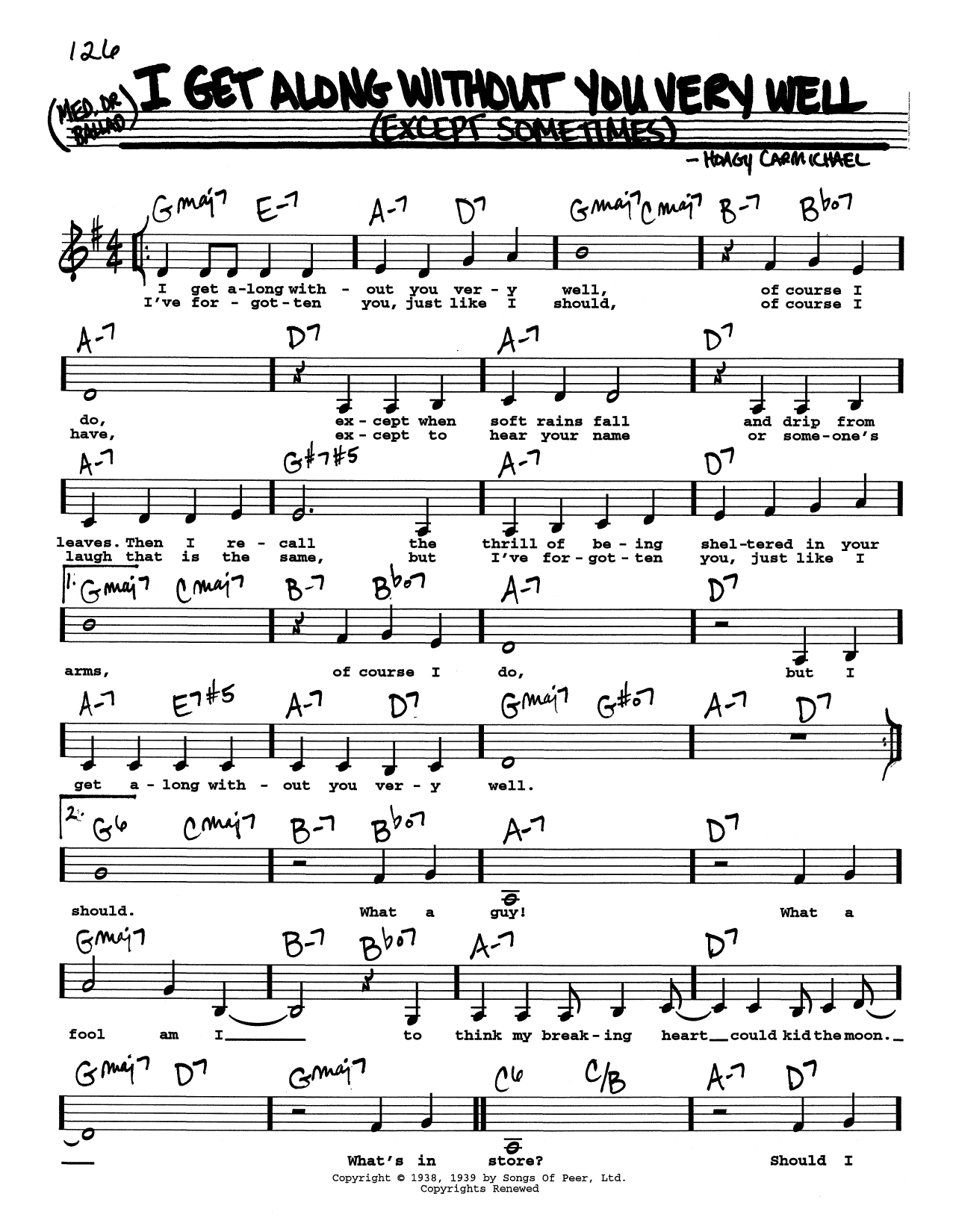 Hoagy Carmichael I Get Along Without You Very Well (Except Sometimes) (Low Voice) Sheet Music Notes & Chords for Real Book – Melody, Lyrics & Chords - Download or Print PDF