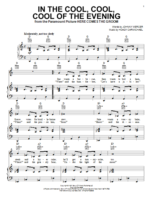 Hoagy Carmichael In The Cool, Cool, Cool Of The Evening Sheet Music Notes & Chords for Piano, Vocal & Guitar (Right-Hand Melody) - Download or Print PDF