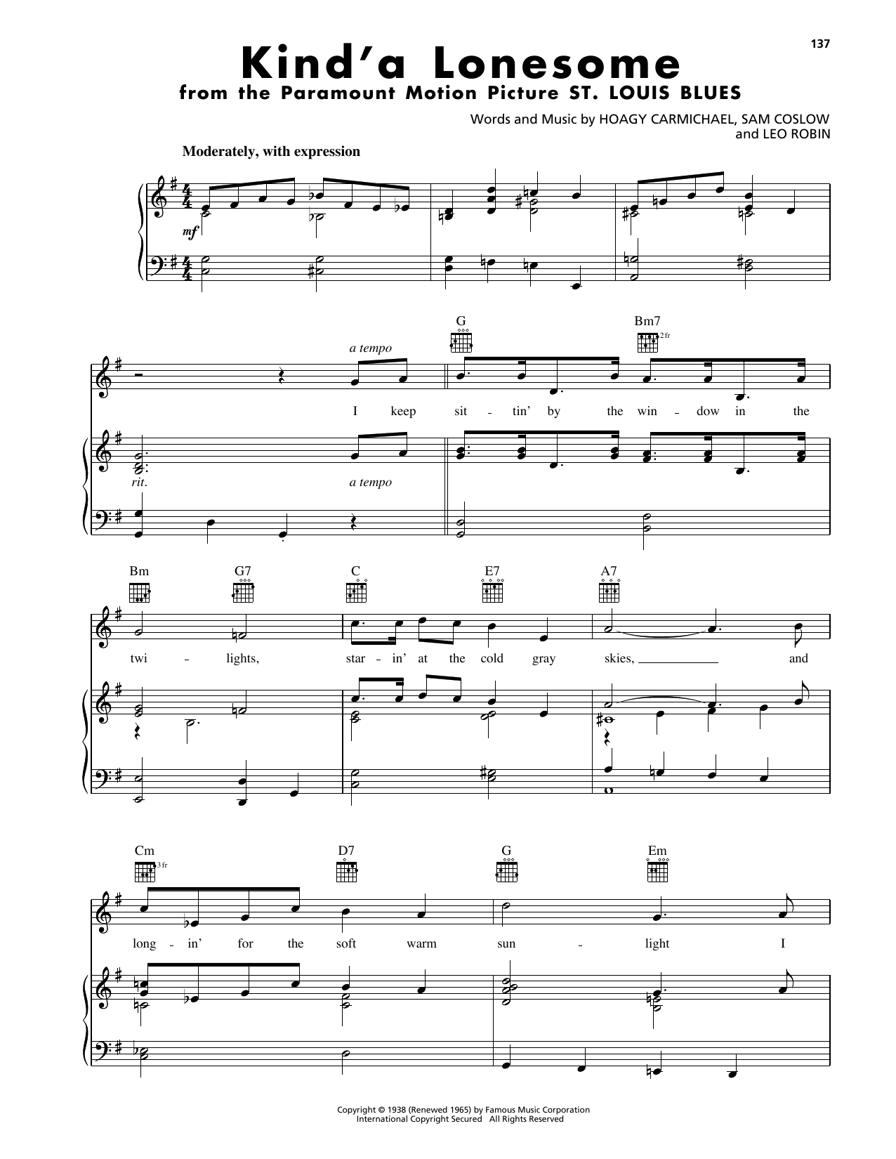 Hoagy Carmichael Kind'a Lonesome Sheet Music Notes & Chords for Piano, Vocal & Guitar Chords (Right-Hand Melody) - Download or Print PDF